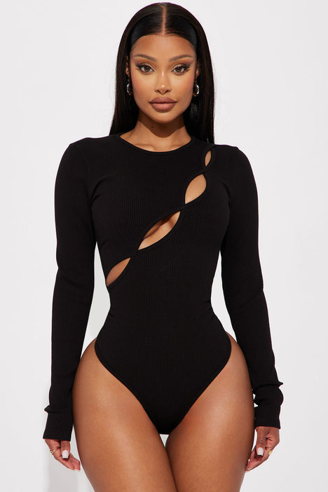 Kim Long Sleeve Cut Out Bodysuit - Black, Fashion Nova, Bodysuits