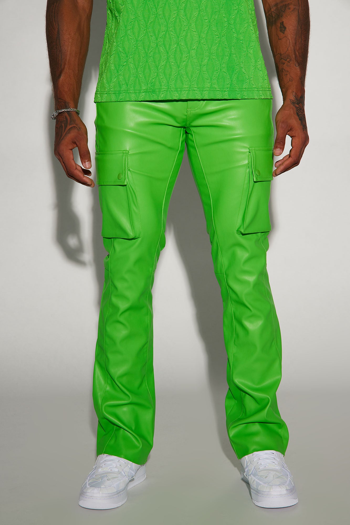 Finest Faux Leather Cargo Flare Pants - Green, Fashion Nova, Mens Pants