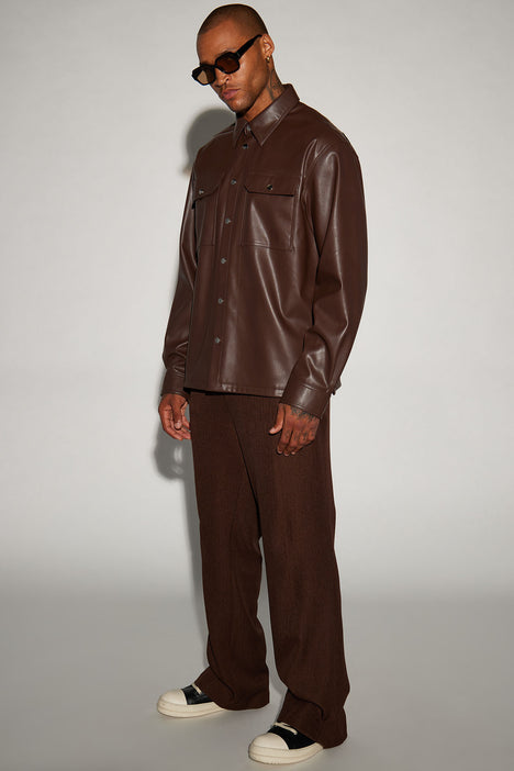 Bowery Faux Leather Button Up Shirt Dark Brown Fashion Nova