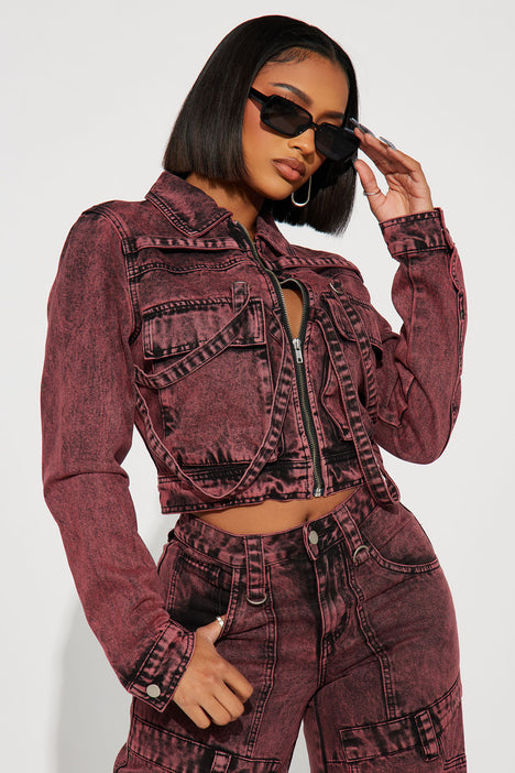 Burgundy cropped clearance denim jacket