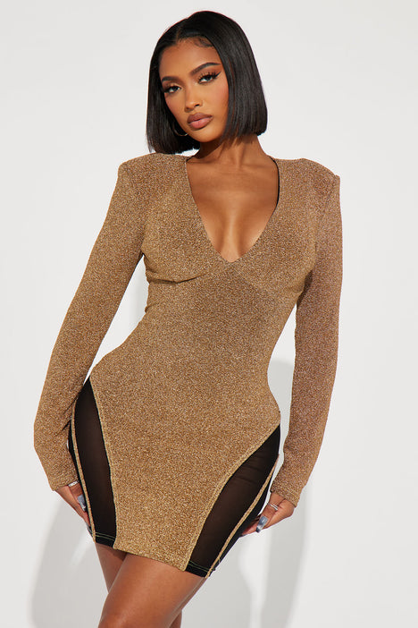 Jeanie Long Sleeve Mini Dress Gold Black