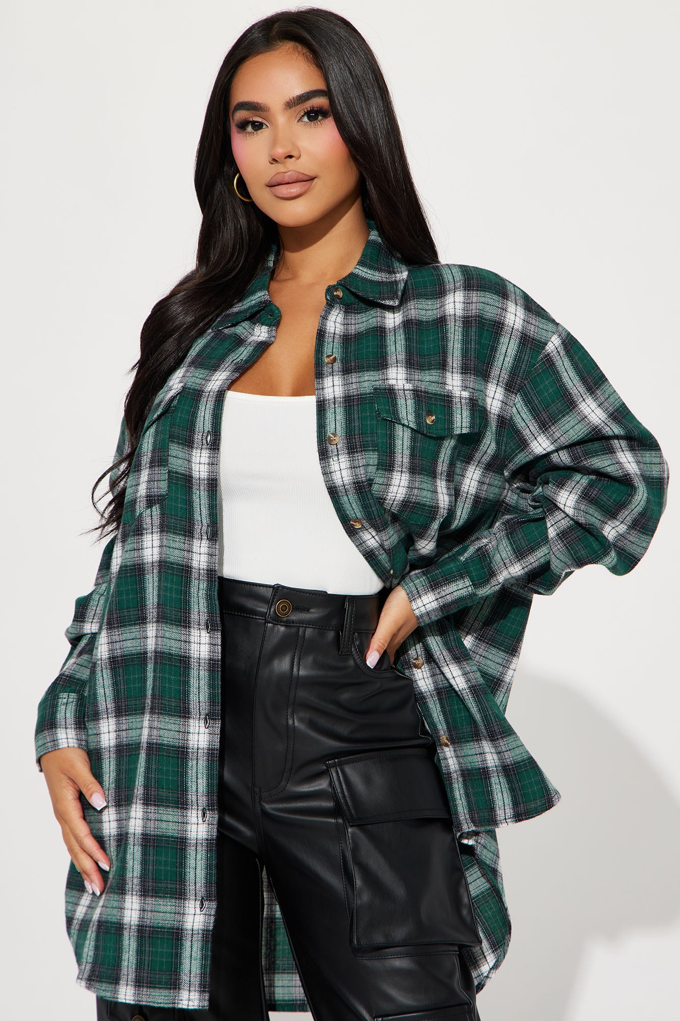 Pretty In Plaid Oversized Flannel Top Green combo