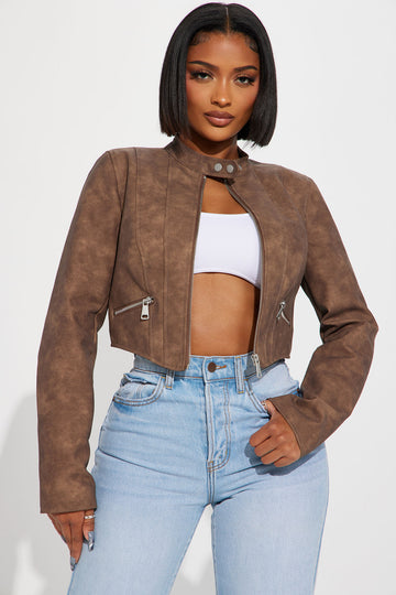 Kota crop new arrivals faux leather jacket