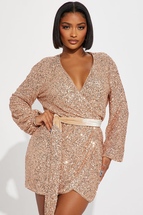 Wrap It Up Sequin Mini Dress Gold Fashion Nova Dresses