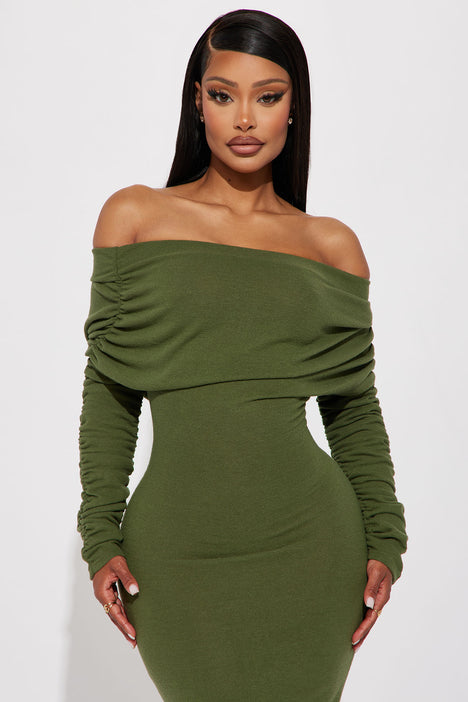 Yasmine Off Shoulder Sweater Maxi Dress Green Fashion Nova