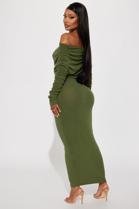 Olive green off the shoulder sweater top