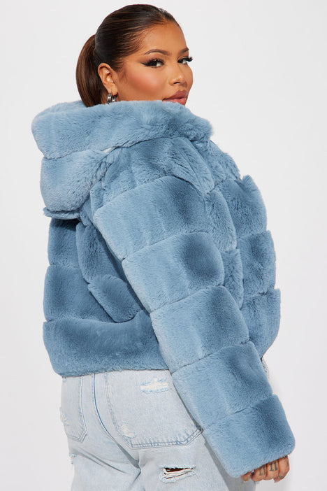 Blue faux fur coat clearance with hood