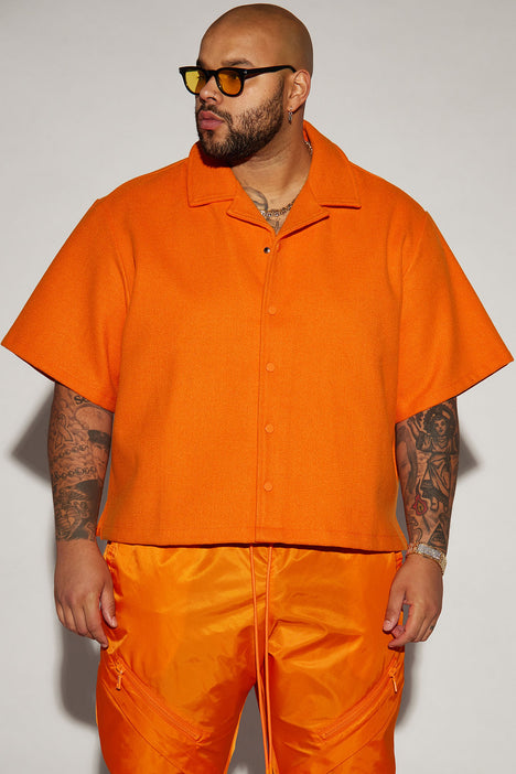 Wilder Textured Weave Cropped Button Up Shirt Orange