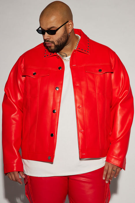 Faux Leather Studded Collar Trucker Jacket Red