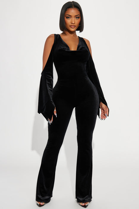 Womens black velvet jumpsuit clearance