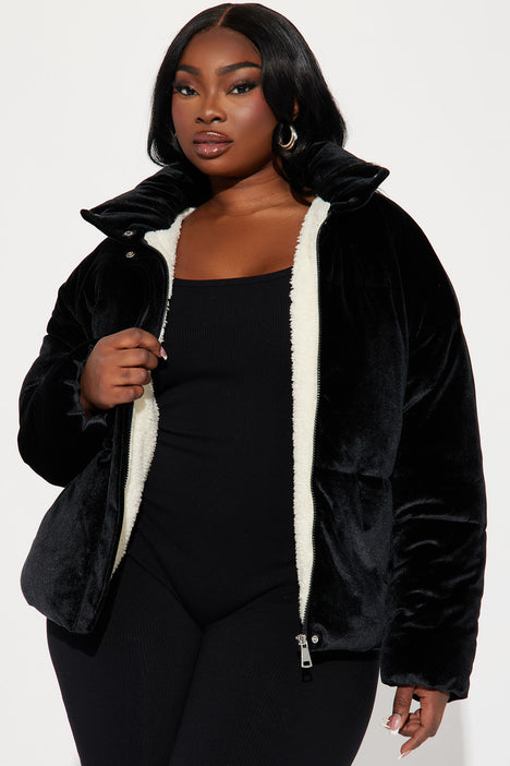 Black velvet puffer sales coat