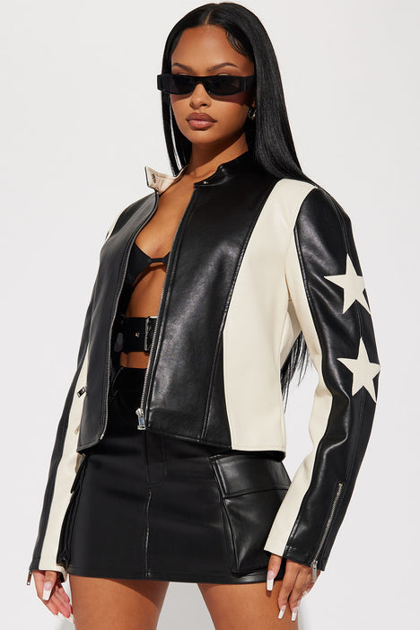 Women's Superstar Faux Leather Jacket in Black/White Size XL by Fashion Nova