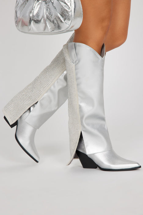 Melory Knee High Heeled Boots Silver