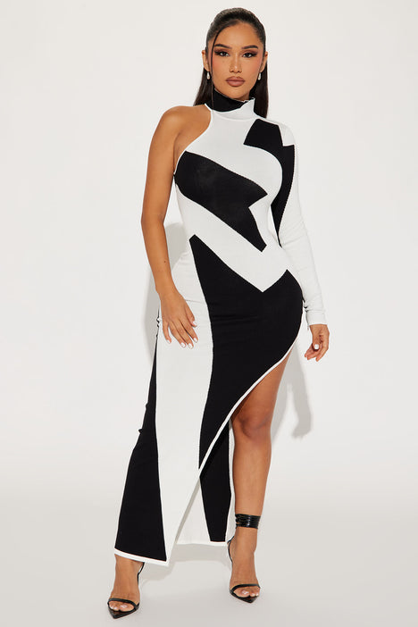 Abstract One Shoulder Maxi Dress Black White Fashion Nova