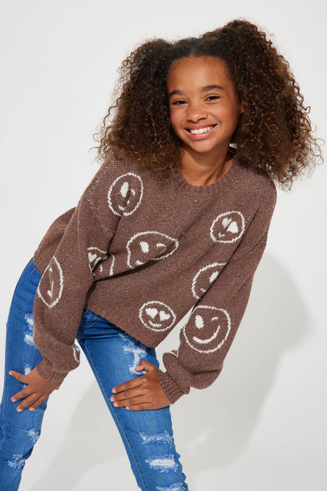 Mini Smiley Face Pullover Sweater Brown combo Fashion Nova