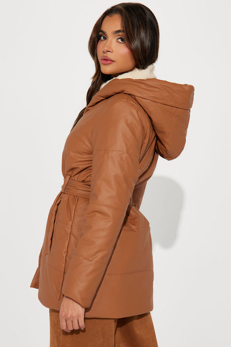 Camel hooded puffer cheap jacket