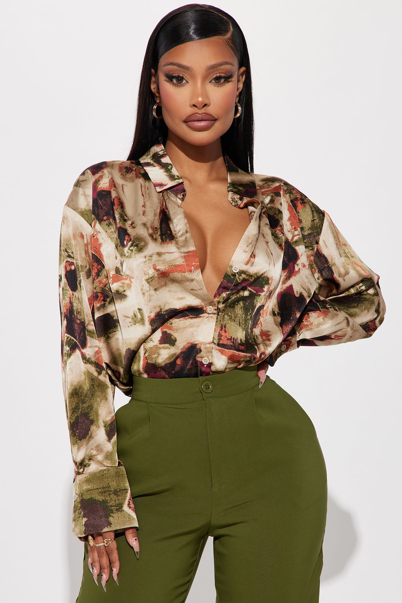 Office Duties Satin Shirt Green combo