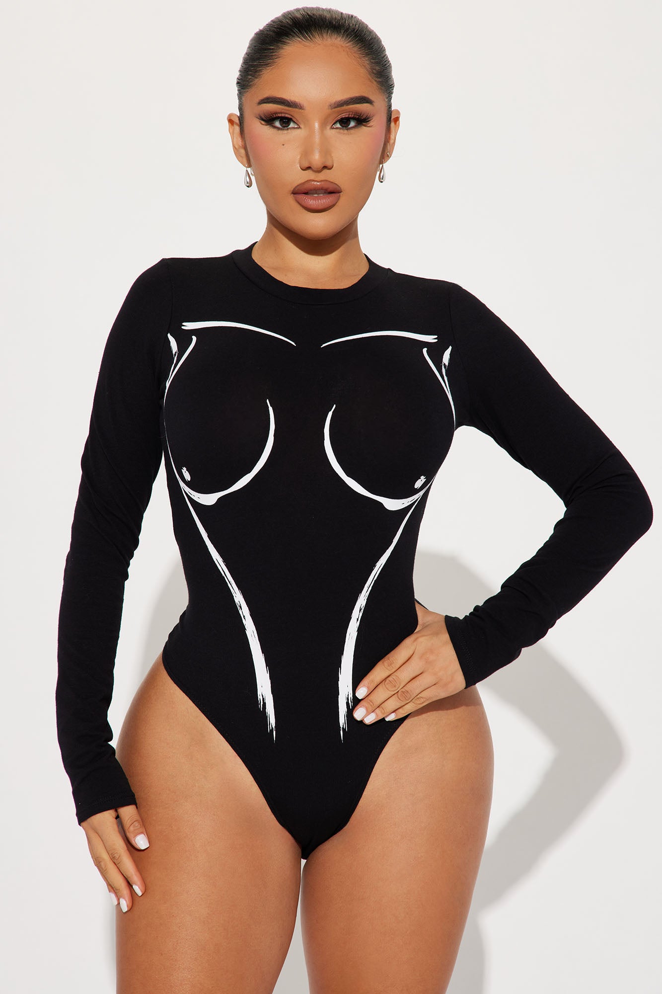 Too Much For You Long Sleeve Bodysuit - Black