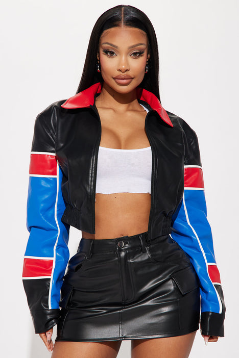 Blue pleather jacket outlet