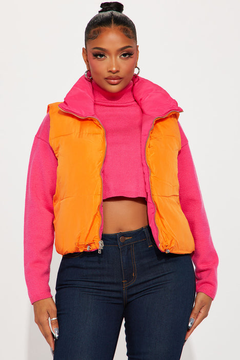 Orange puffer vest womens top