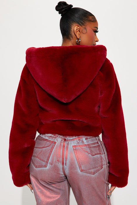 Red faux fur hoodie sale