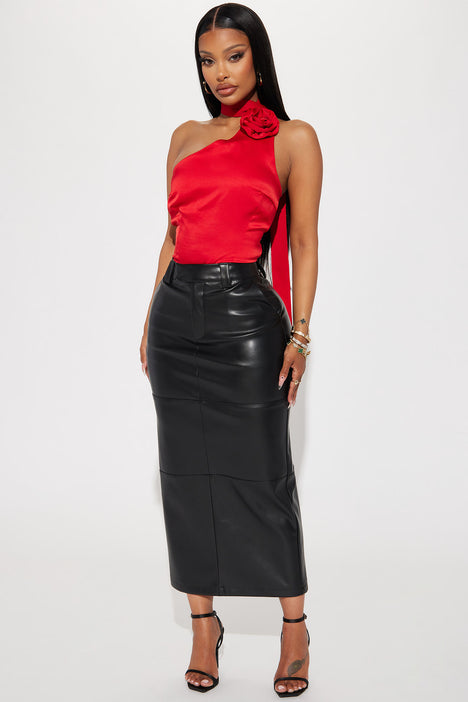 Red faux shop leather midi skirt