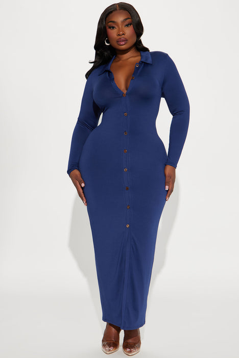 Luna Button Front Maxi Dress Navy Fashion Nova Dresses