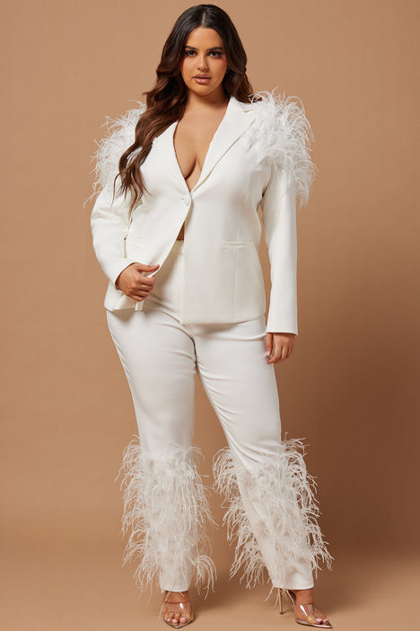 Alexis Feathered Pant Suit Set - White