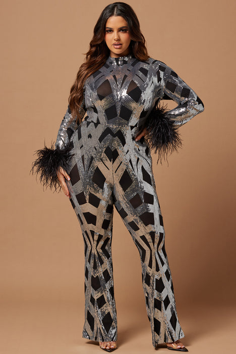 Black and silver sequin jumpsuit hot sale
