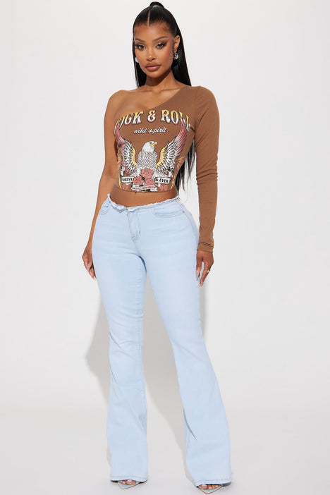 Big Flirt Cut Off Waistband Low Rise Flare Jeans - Light Blue Wash