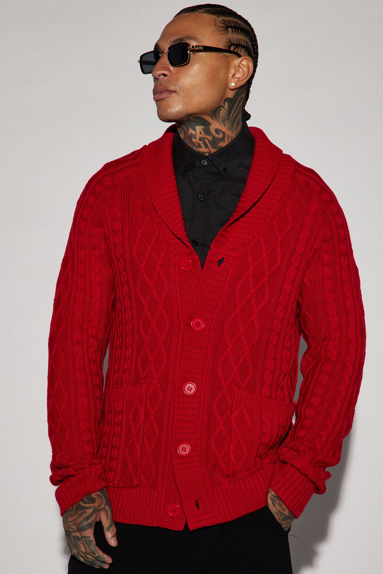 Red cable knit cardigan discount