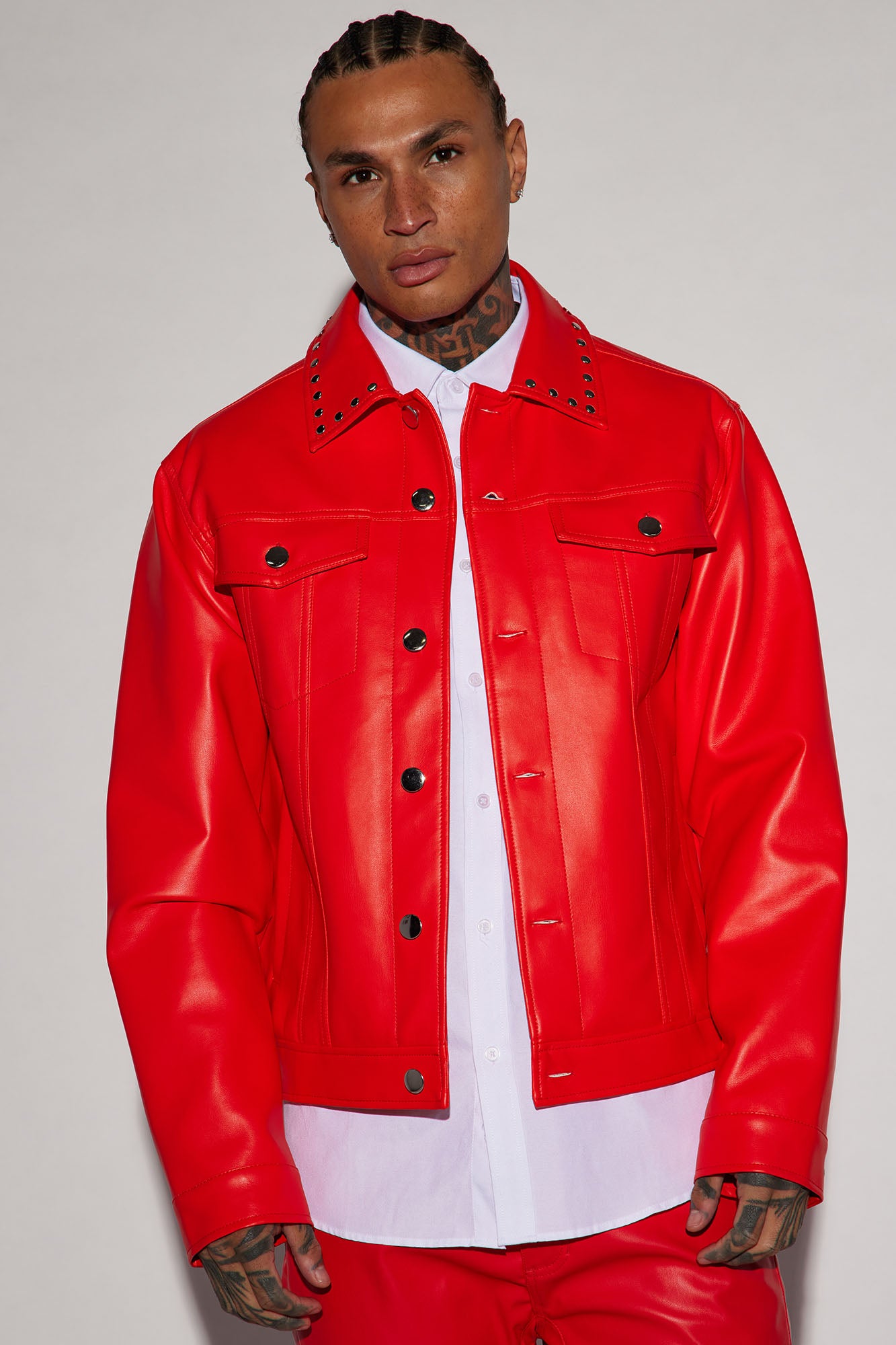 Faux Leather Studded Collar Trucker Jacket Red Fashion Nova