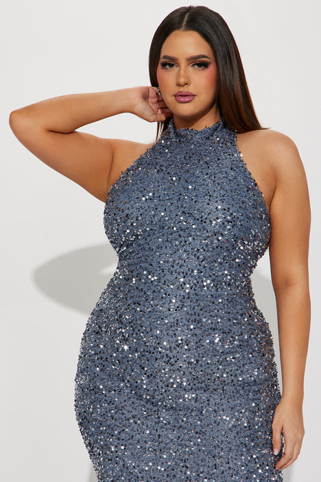 Zoey Feathered Sequin Gown Grey