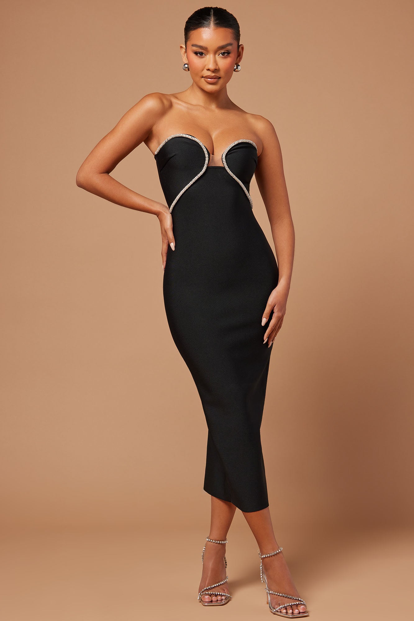 Embellished black hot sale midi dress