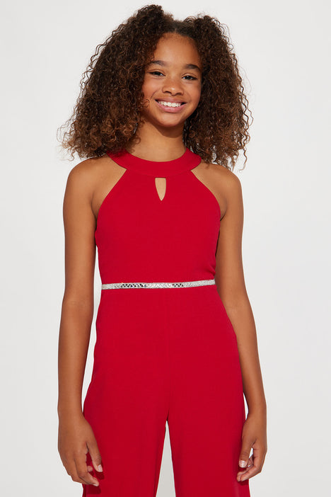 Mini Sleeveless Stretch Crepe Rhinestone Belted Jumpsuit Red