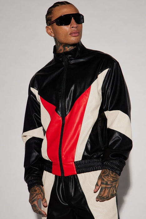 Leather track jacket sales