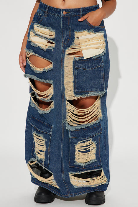 Hot Girl Distressed Denim Maxi Skirt Dark Wash Fashion Nova
