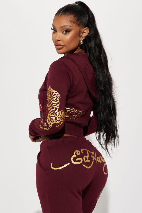 Retro Tiger Ed Hardy Zip Front Hoodie Burgundy