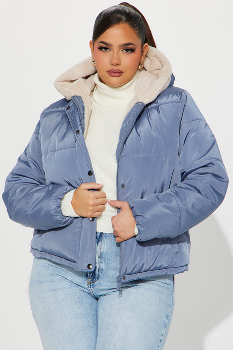 Light blue puffer 2025 jacket with fur hood