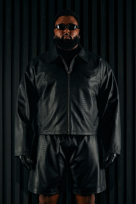 Men's Gotta Run Faux Crocodile Leather Moto Jacket in Black Size Large by Fashion Nova