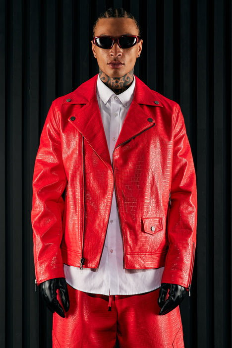 Men's Gotta Run Faux Crocodile Leather Moto Jacket in Red Size Small by Fashion Nova