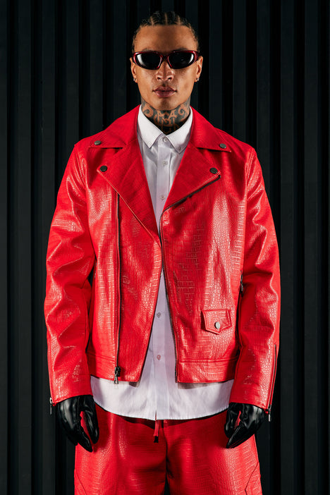 Gotta Run Faux Crocodile Leather Moto Jacket Red