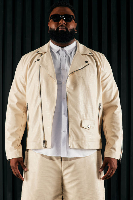 Gotta Run Faux Crocodile Leather Moto Jacket Cream Fashion