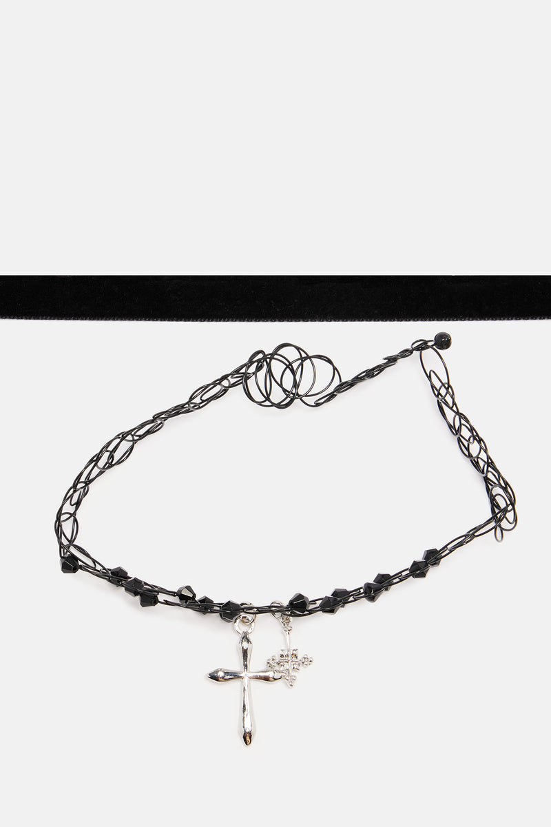 New Age Cross Choker Black/Silver Fashion Nova, Jewelry Fashion Nova
