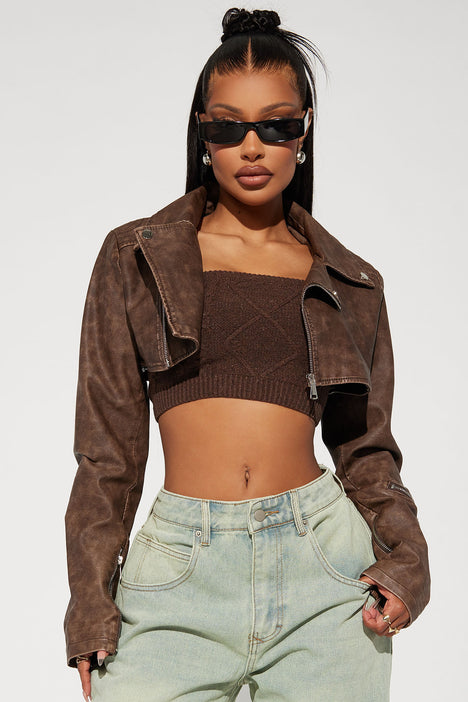 Ria Washed Faux Leather Crop Moto Jacket - Brown