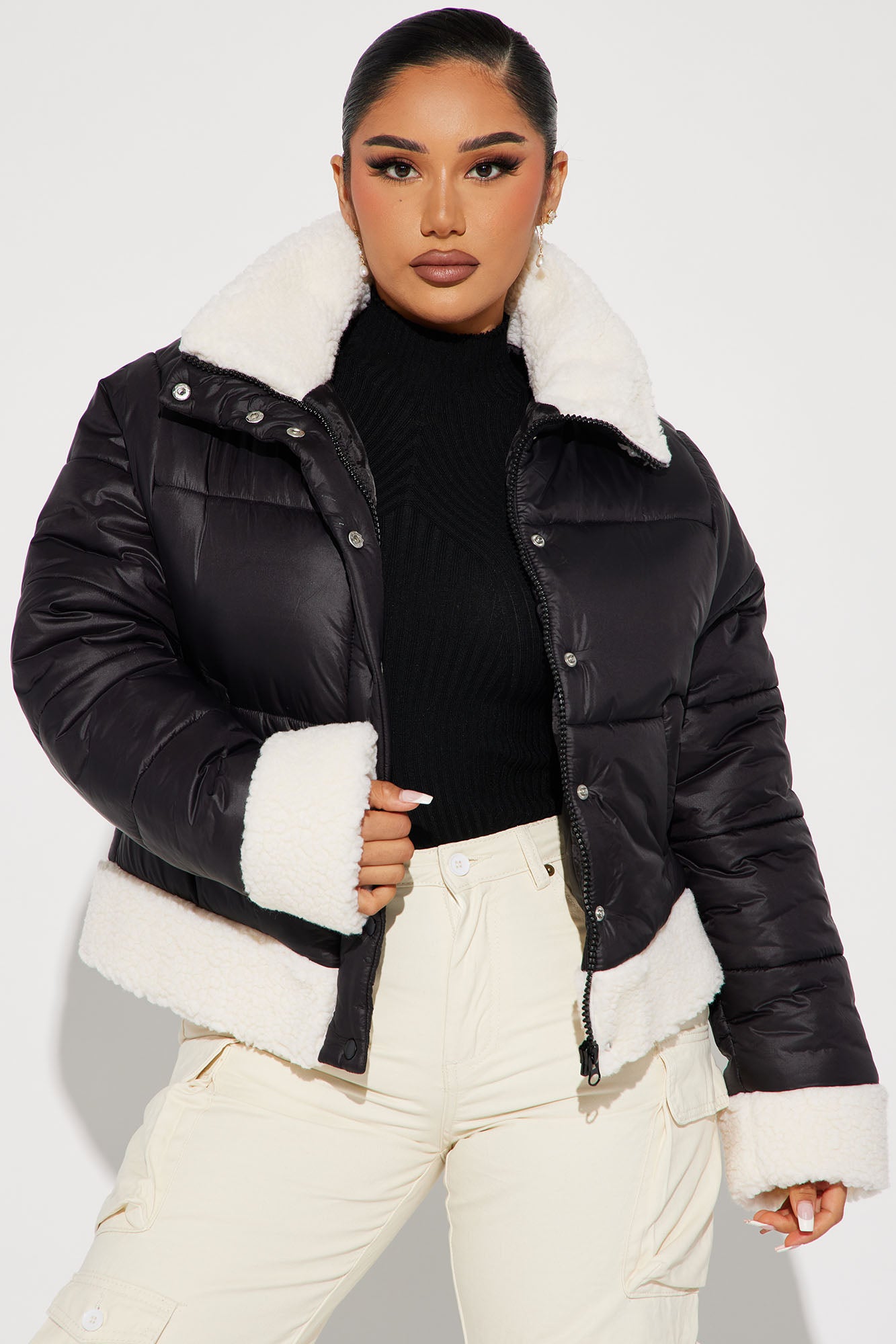 Black puffer jacket best sale with no hood
