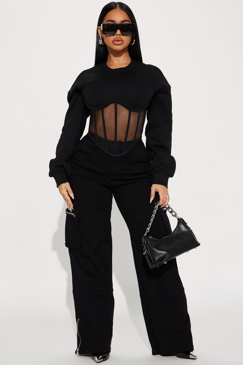 On A New Level Corset Sweatshirt - Black | Fashion Nova, Knit Tops ...