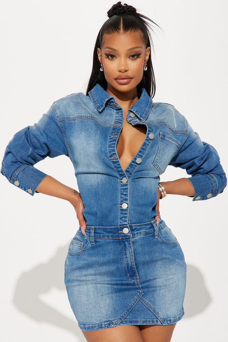 Blue jean dress fashion nova 2025