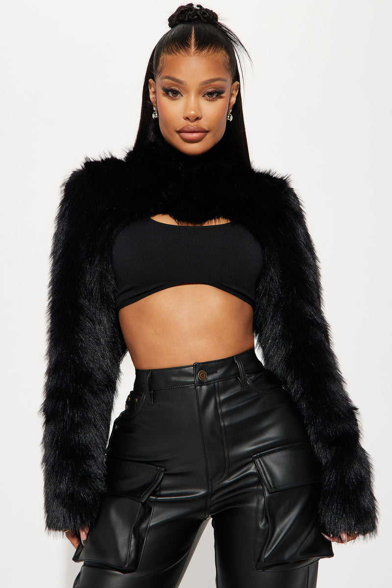 Wild Outings Faux Fur Hooded Bolero Black Fashion Nova