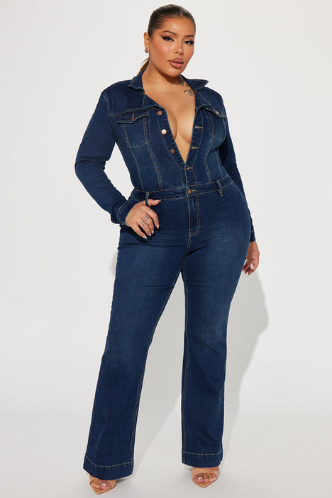 Day Dreaming Long Sleeve Denim Jumpsuit Dark Denim Fashion